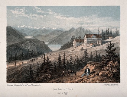 Rigi: view of mountains and lakes. Colour lithograph by Muller, 1856, after I.-L. Deroy.