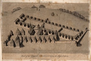 view La Grande Chartreuse, monastery, near Grenoble, France: aerial view. Etching by W. Thomas, 1791.