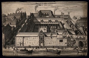 view Psychiatric hospital (Het dol huys), Amsterdam, Netherlands. Etching, 17th century.