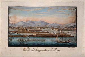 view The lazaretto at Livorno, Tuscany, Italy: panoramic view. Coloured etching by P. Lapi.