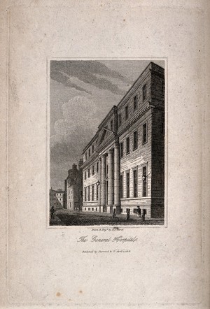 view General Hospital, Bath, England. Etching by H.S. Storer after himself, 1819.