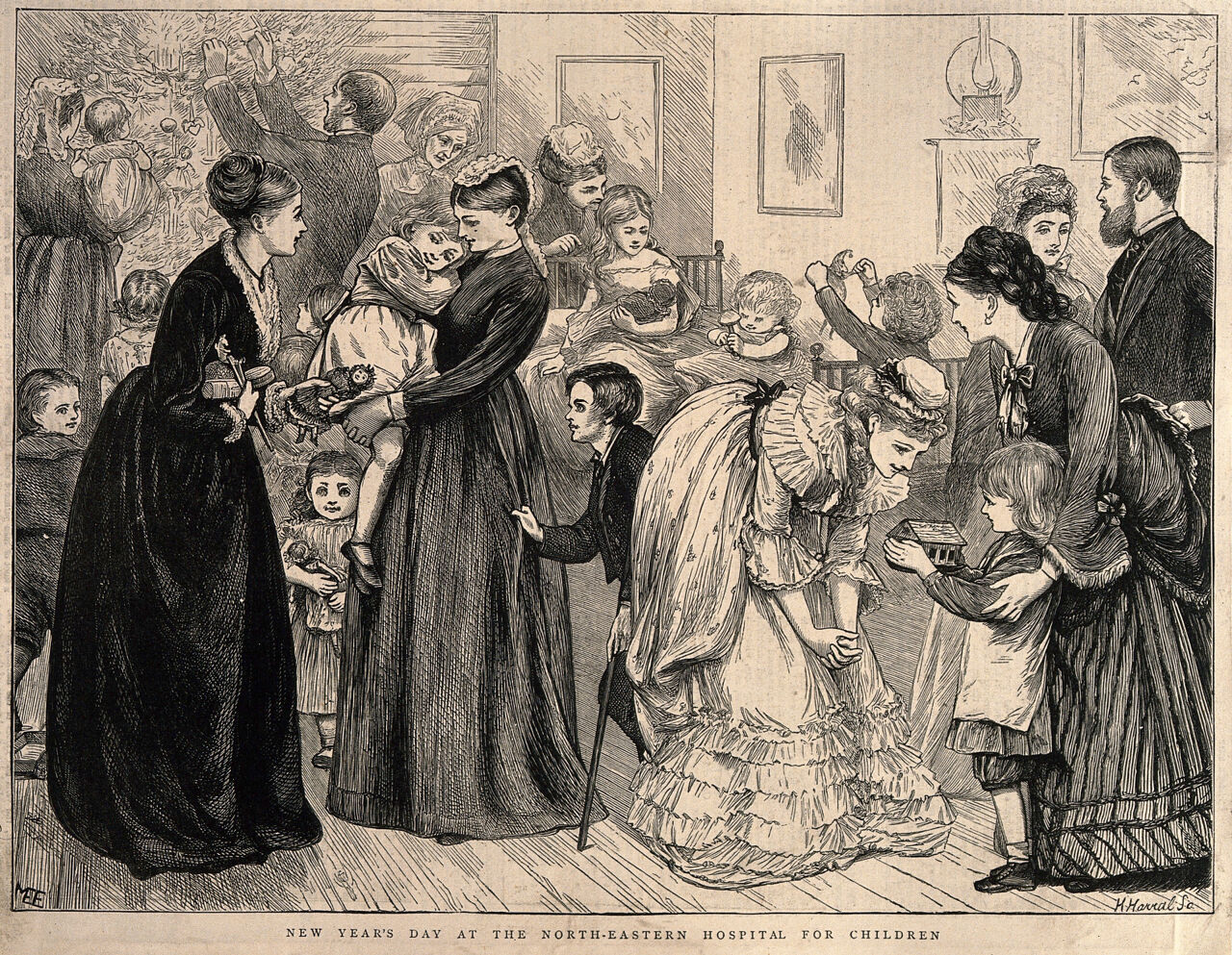 Mothers and nurses play with sick children on New Years Day. Wood engraving by H. Harral after M.E. Edwards., by Mary Ellen Edwards