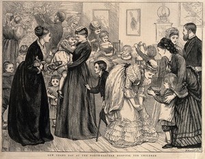 view Mothers and nurses play with sick children on New Years Day. Wood engraving by H. Harral after M.E. Edwards.