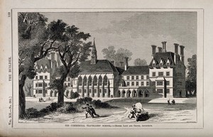 view The Commercial Travellers' School, Pinner, Harrow, England. Wood engraving by W.E. Hodgkin after B. Sly.