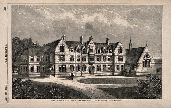 The Godolphin schools, Hammersmith, London: perspective view. Wood engraving, 1861, after C. H. Cooke.