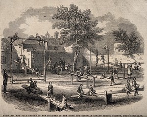 view Playground of the Home and Colonial Infant School Society, London. Wood engraving, c. 1840.