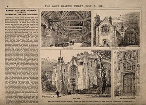 view King's College School, Wimbledon, London: four sketches of the interior and exterior. Wood engraving by A.W. Brown, 1899.