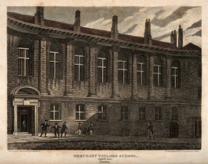 view Merchant Tailors' School, Suffolk Lane, London: facade. Etching by Sheppard, 1815, after himself.