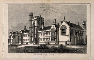view New College, Belsize, London. Wood engraving by C.D. Laing after B. Sly, 1851.