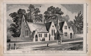 view Design for a parochial school. Wood engraving by C.D. Laing, 1848, after G. Truefitt.