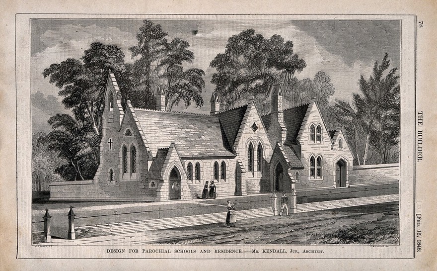 Design for a parochial school. Wood engraving by C.D. Laing, 1848, after G. Truefitt.