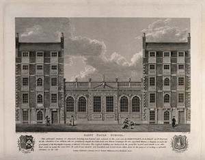 view St. Paul's school: facade. Etching by B. Howlett, 1825, after J. Baker.