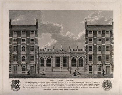 St. Paul's school: facade. Etching by B. Howlett, 1825, after J. Baker.