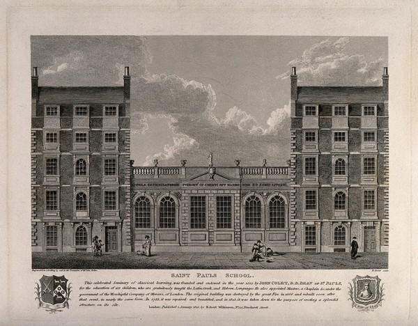 St. Paul's school: facade. Etching by B. Howlett, 1825, after J. Baker.