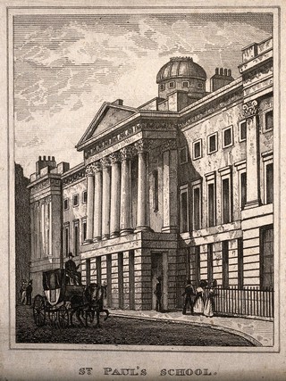 St Paul's School, London, England. Etching (on left).