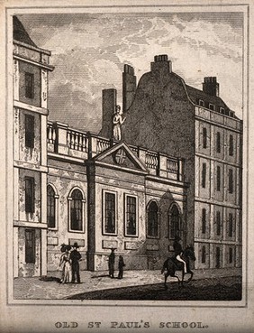 Old St Paul's School, London, England. Etching (on right).