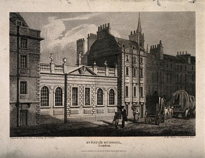 St Paul's School, London, England. Etching by Owen after J.P. Neale, 1814.