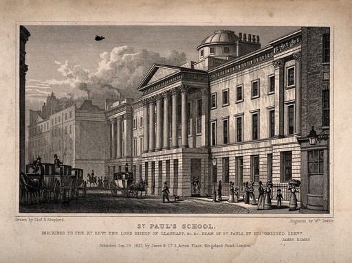 St Paul's School, London, England. Etching by W. Deeble after T.H. Shepherd, 1827.