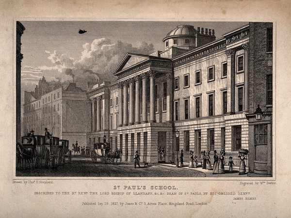 St Paul's School, London, England. Etching by W. Deeble after T.H. Shepherd, 1827.