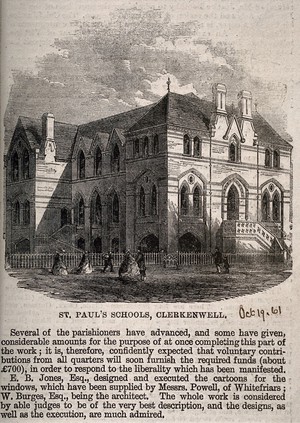 view St Paul's Schools, Clerkenwell, London. Wood engraving, 1861.