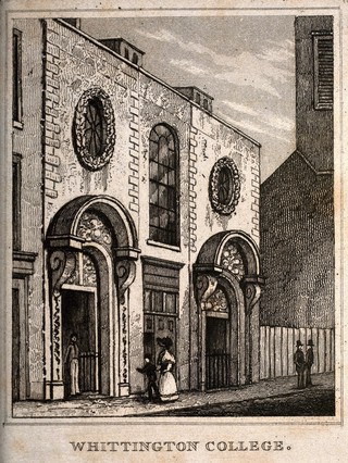 Whittington College (almshouses), City of London: perspective view. Etching, c. 1835.