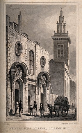 Whittington College (almshouses), City of London: perspective view. Etching by W. Wallis, c. 1831.