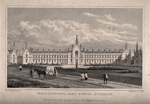 view Whittington's Almshouses, Highgate, London: facade. Etching by T. Dale after T.H. Shepherd, 1827.