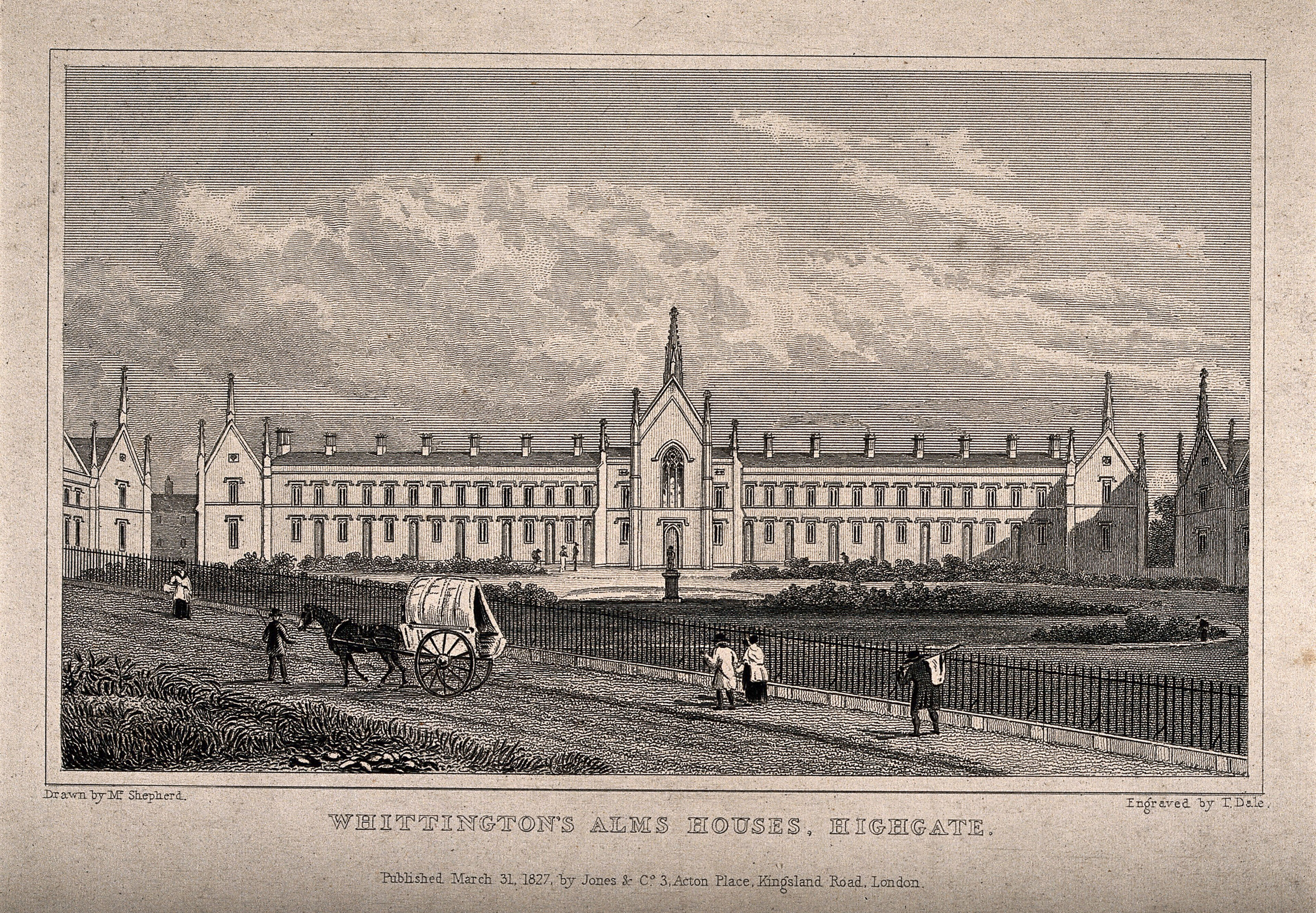 Whittington's Almshouses, Highgate, London: facade. Etching by T. Dale after T.H. Shepherd, 1827.
