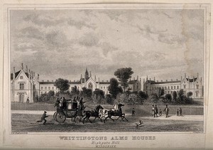 view Whittington's Almshouses, Highgate, London: facade. Etching by J. Davies after T.H. Shepherd.