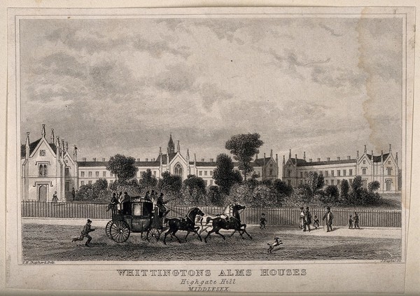 Whittington's Almshouses, Highgate, London: facade. Etching by J. Davies after T.H. Shepherd.