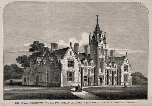 Royal Freemasons' school for Female Children, Wandsworth, London. Wood engraving by C.D. Laing, 1851.