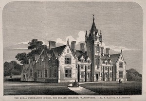 view Royal Freemasons' school for Female Children, Wandsworth, London. Wood engraving by C.D. Laing, 1851.