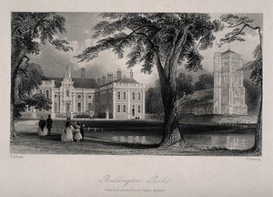 view Lambeth Female Orphan Asylum (formerly Beddington Park): view of the grounds. Etching by Flemming after T. Allom.