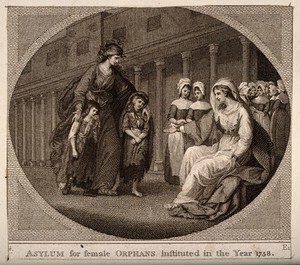 view Two children are brought to the nurses of the Asylum for Female Orphans, Lambeth, London. Etching.