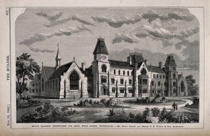 view Royal Masonic Institution for Boys, Wood Green, London. Wood engraving by J. Walmsley after J. Gascoine and H.C. Maguire, 1865.