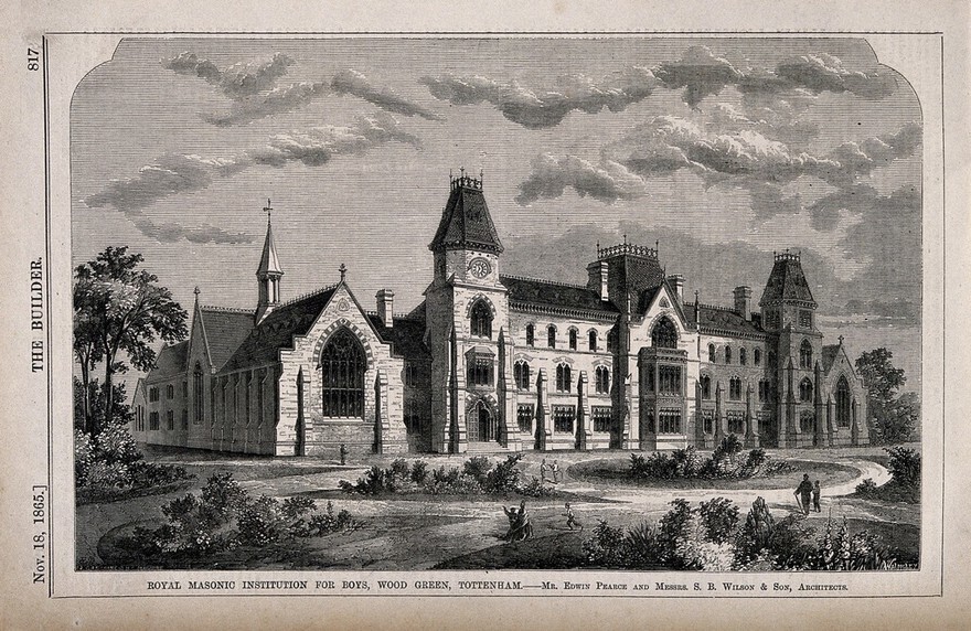 Royal Masonic Institution for Boys, Wood Green, London. Wood engraving by J. Walmsley after J. Gascoine and H.C. Maguire, 1865.