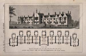 view Asylum for Worthy and Decayed Freemasons, Croydon, England: perspective view and floor plan. Wood engraving by C.D. Laing, 1852.