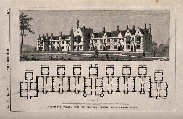 Asylum for Worthy and Decayed Freemasons, Croydon, England: perspective view and floor plan. Wood engraving by C.D. Laing, 1852.