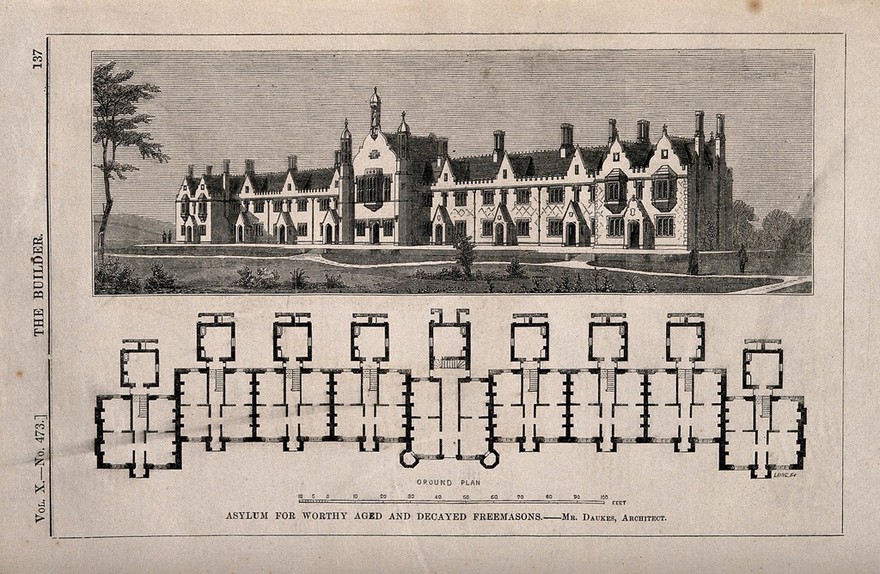 Asylum for Worthy and Decayed Freemasons, Croydon, England: perspective view and floor plan. Wood engraving by C.D. Laing, 1852.