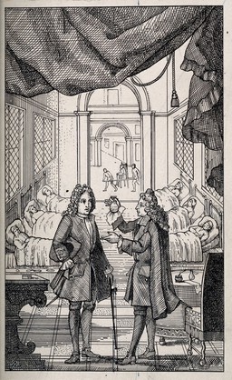 A physician holds up a glass of urine in a hospital. Pen drawing by A.J.E. Terzi.
