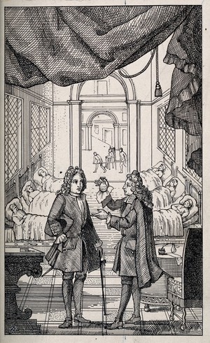 view A physician holds up a glass of urine in a hospital. Pen drawing.