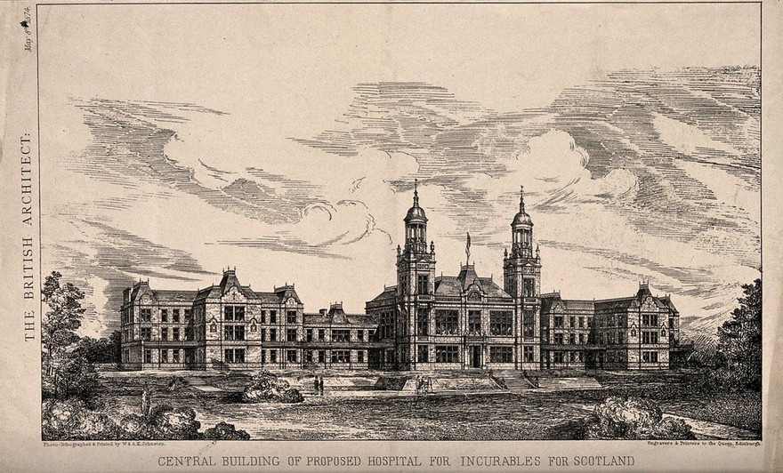 Design for Hospital for Incurables, Scotland. Lithograph, 1874.