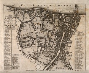 view Southwark, London: map of the borough with key. Etching, 1755.