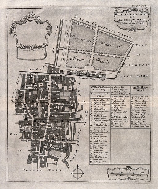 City of London: map of Coleman Street and the surrounding environs with key. Etching.