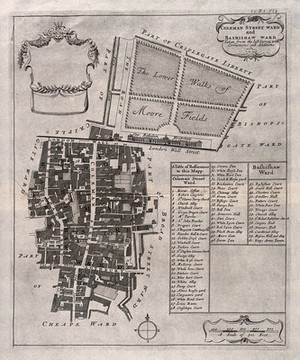 view City of London: map of Coleman Street and the surrounding environs with key. Etching.