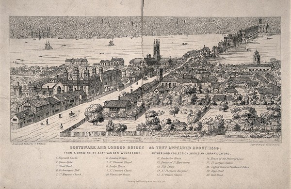 Southwark and London Bridge: a panorama with key. Etching by N. Whittock after A. van den Wyngaerde, c. 1546.