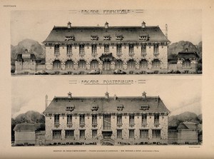 view Hospice de Brie-Comte-Robert: main façade and back façade. Process print, 1913.