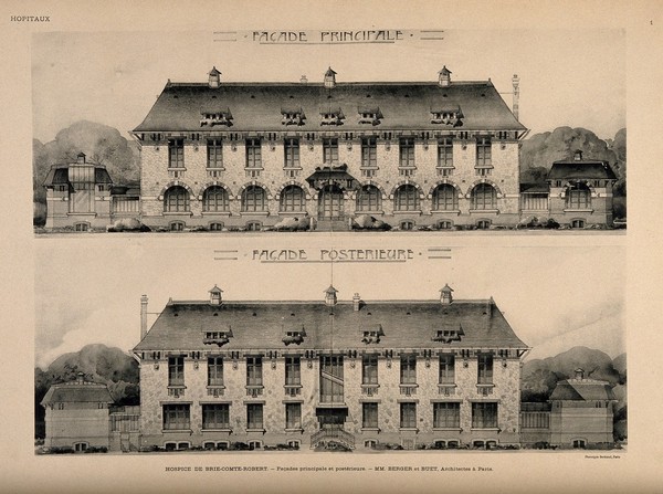 Hospice de Brie-Comte-Robert: main façade and back façade. Process print, 1913.