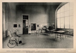 view Hôpital Ophtalmologique A. de Rothschild, Paris:  entrance at the intersection of Rue Manin and Rue Priestley, and operating theatre. Process print, 1913.