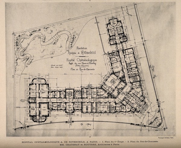 Hôpital Ophthalmologique A.de Rothschild, Paris: plans of the building on the first floor and at street level. Process print, 1913.